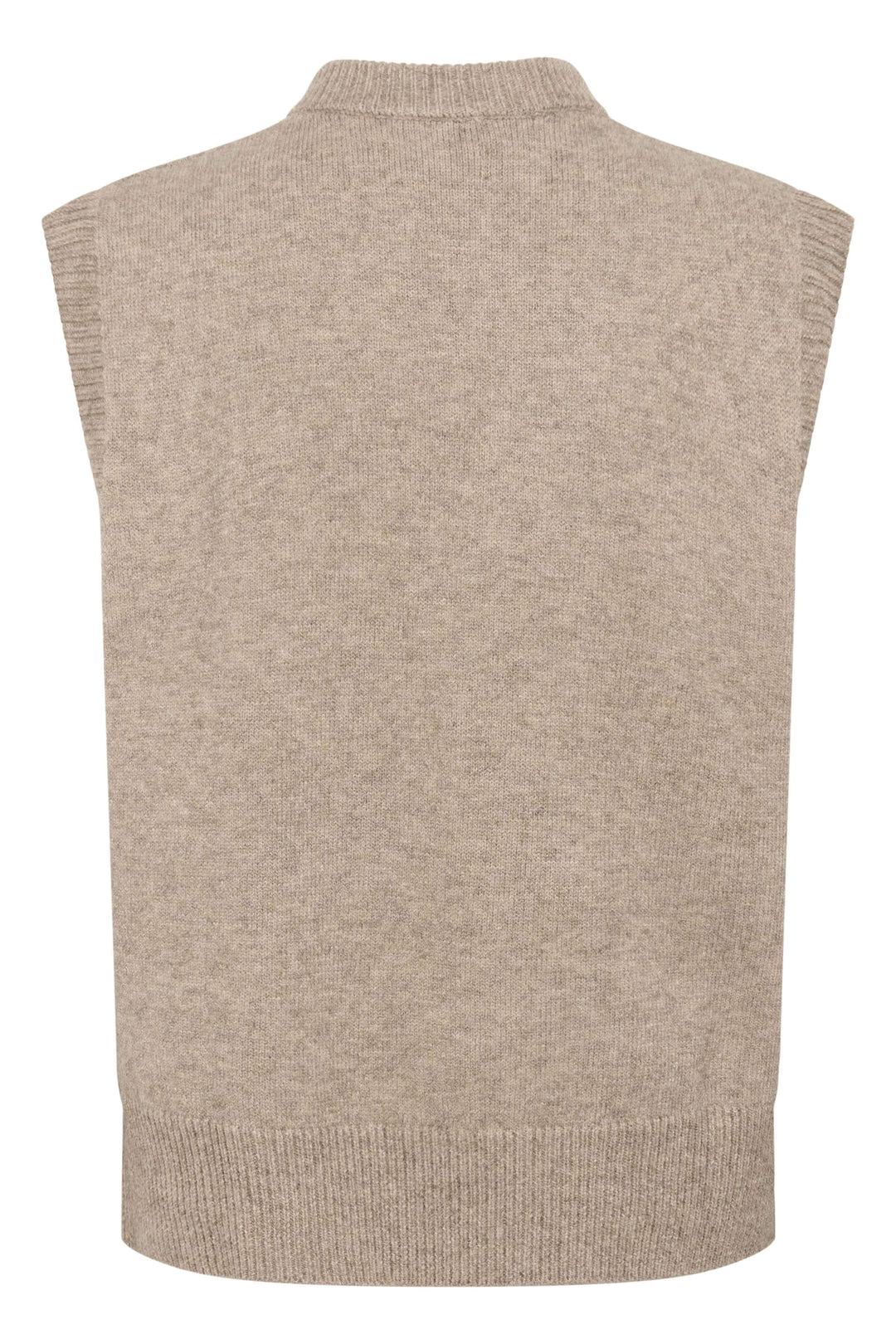 Veste Eroka sans manches en tricot à boutons dorés, élégante et moderne, idéale pour superposition, texture côtelée, vue arrière.