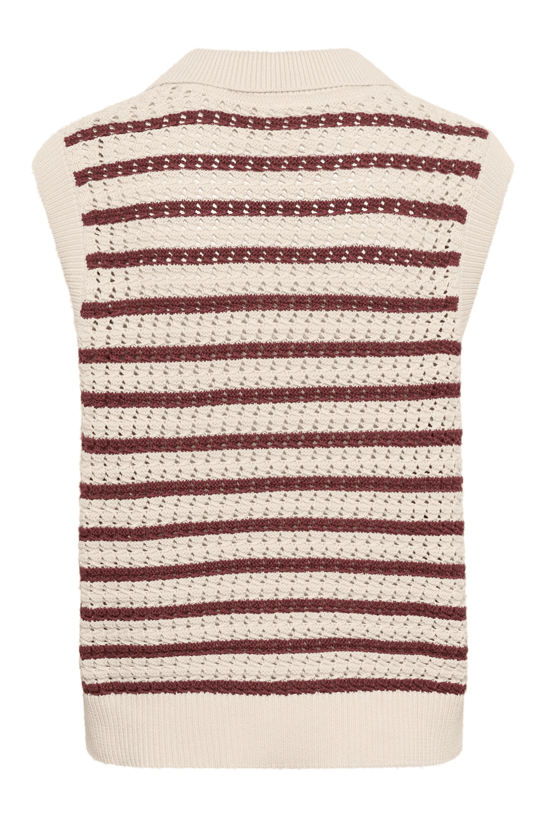 Veste sans manche Raja en maille rayée rétro avec col chemise, idéale pour superposer sur un t-shirt ou une chemise.