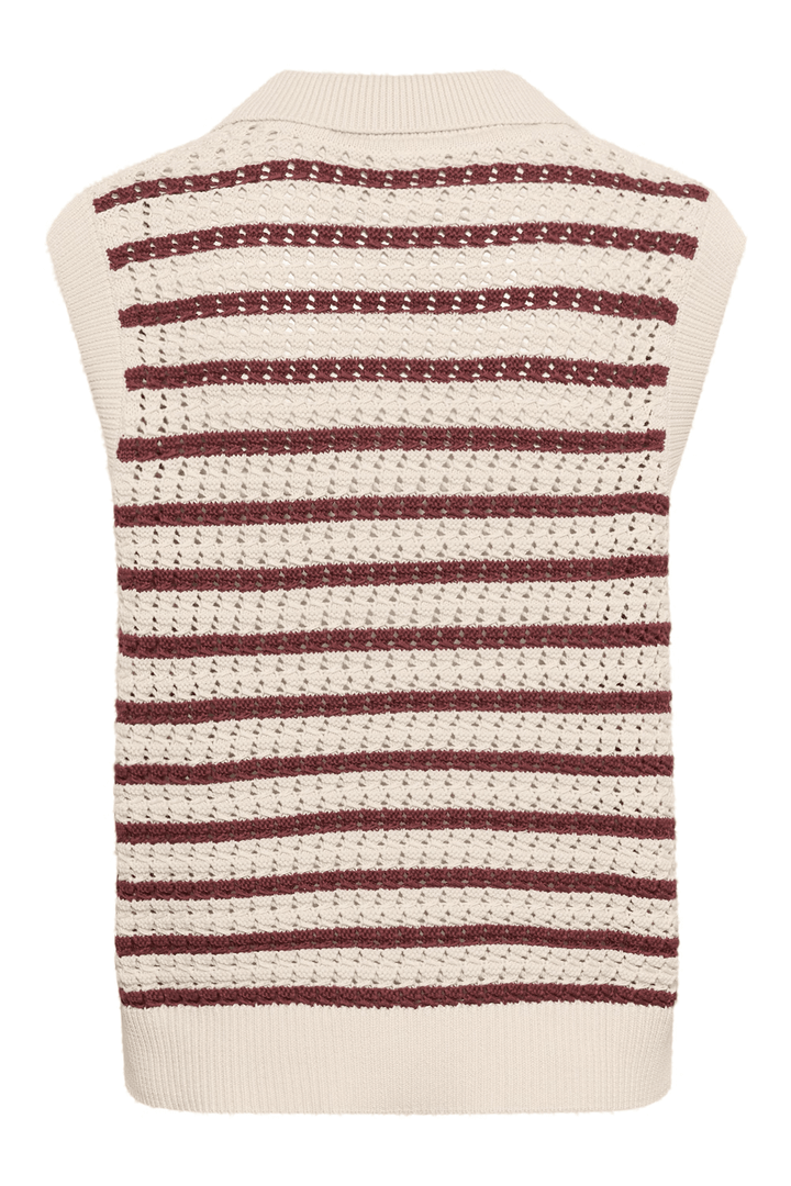 Veste sans manche Raja en maille rayée rétro avec col chemise, idéale pour superposer sur un t-shirt ou une chemise.