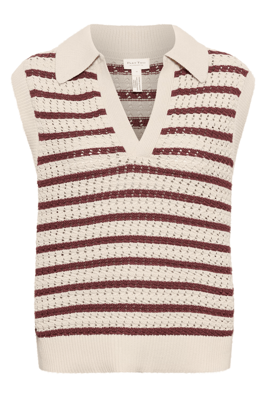 Veste sans manche Raja en maille rayée avec col chemise et encolure en V, style rétro et décontracté.