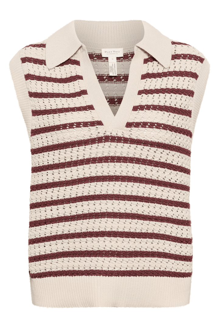 Veste sans manche Raja en maille rayée avec col chemise et encolure en V, style rétro et décontracté.