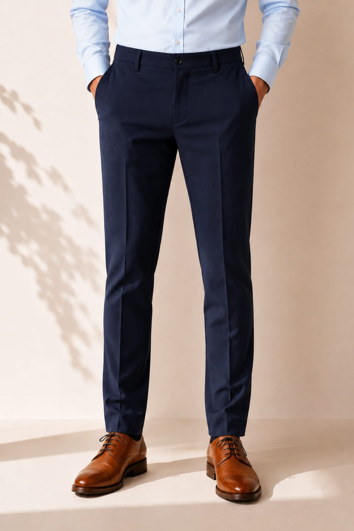 Vue de côté pantalon habillé Citadin extensible gris avec ceinture tressée pour homme - Valérie Simon
