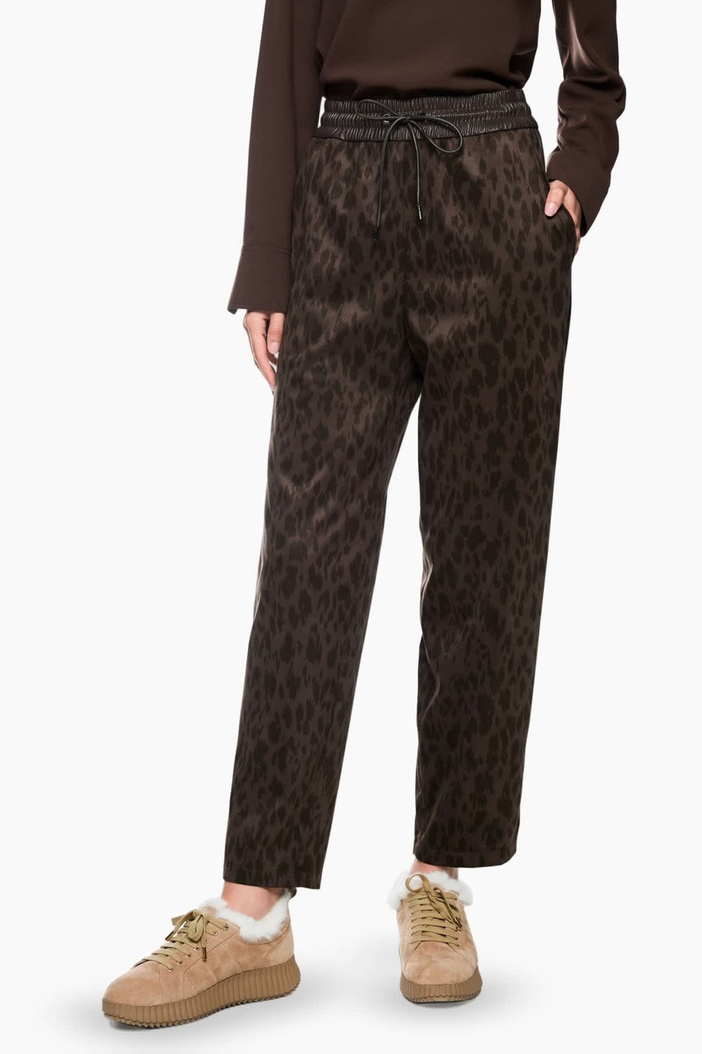 Women's Ranchi pants in beige and black leopard with elastic waistband, front view, Marc Cain