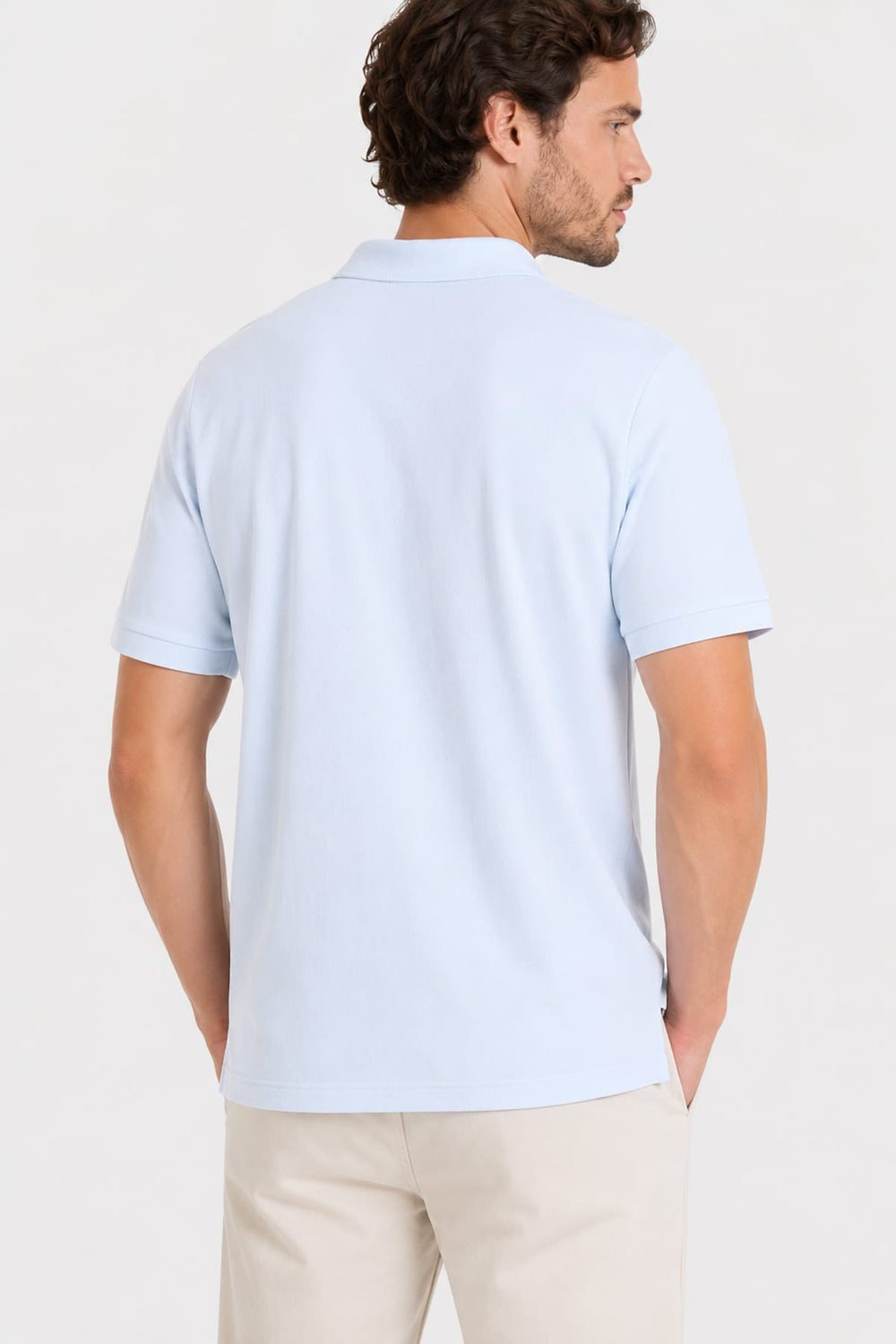 Side view of the Fradi men's light gray half-zip polo shirt with textured detailing - Valérie Simon