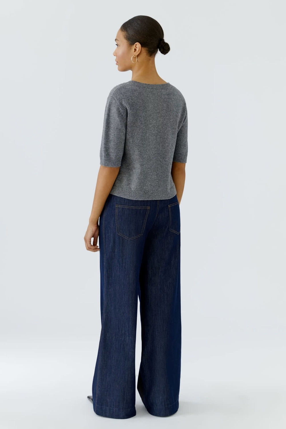 Pull à manches mi-longues avec poches en denim vue de face pour femme Oui