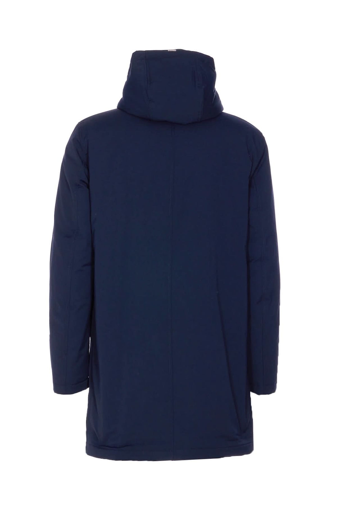 Manteau matelassé pour homme, vue arrière, avec capuche, couleur bleu marine, style urbain et protection contre le froid.