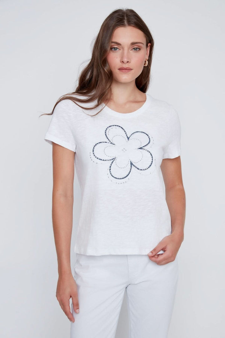 T-shirt motif floral scintillant