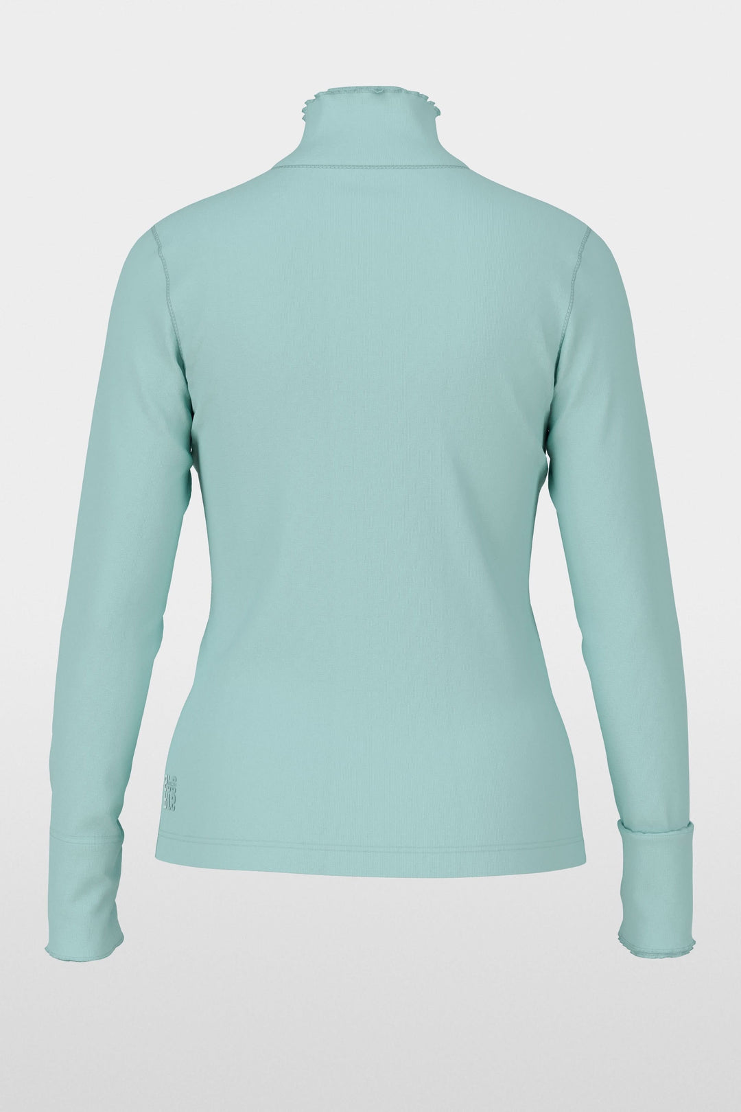 Chandail à col montant et bordures ondulées en tissu extensible, coupe ajustée, vue arrière, couleur bleu, mode féminine élégante.