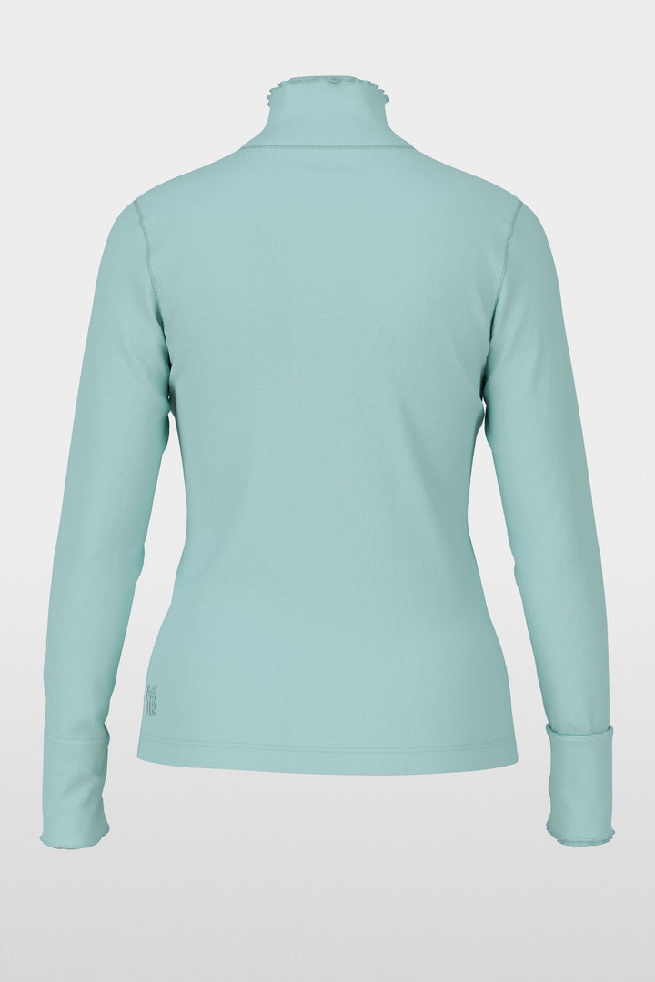 Chandail à col montant et bordures ondulées en tissu extensible, coupe ajustée, vue arrière, couleur bleu, mode féminine élégante.