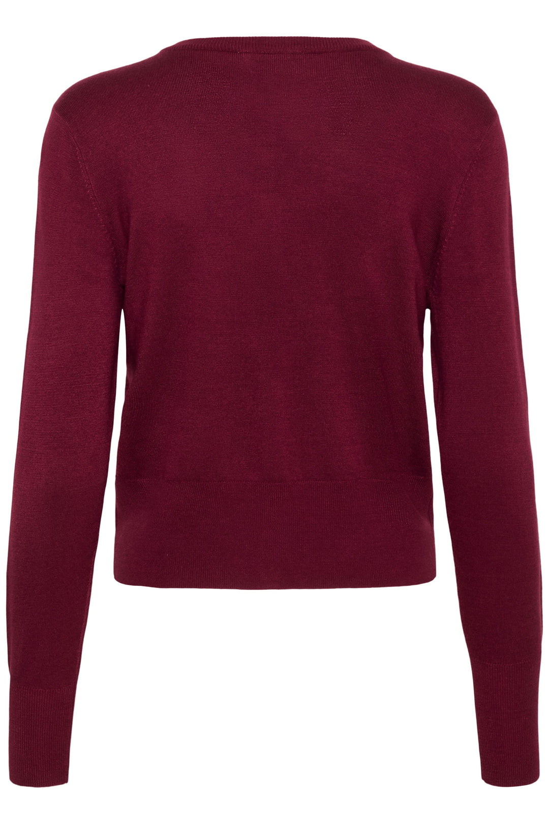 Vue arrière du Cardigan Lizza classique à encolure ronde et boutons, en maille fine bordeaux.