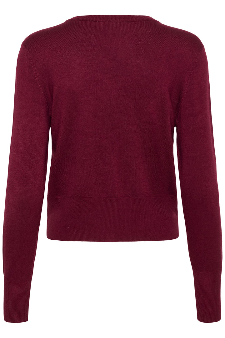 Vue arrière du Cardigan Lizza classique à encolure ronde et boutons, en maille fine bordeaux.