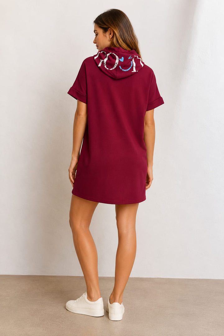 Front view of a short hooded dress for women by Kennys