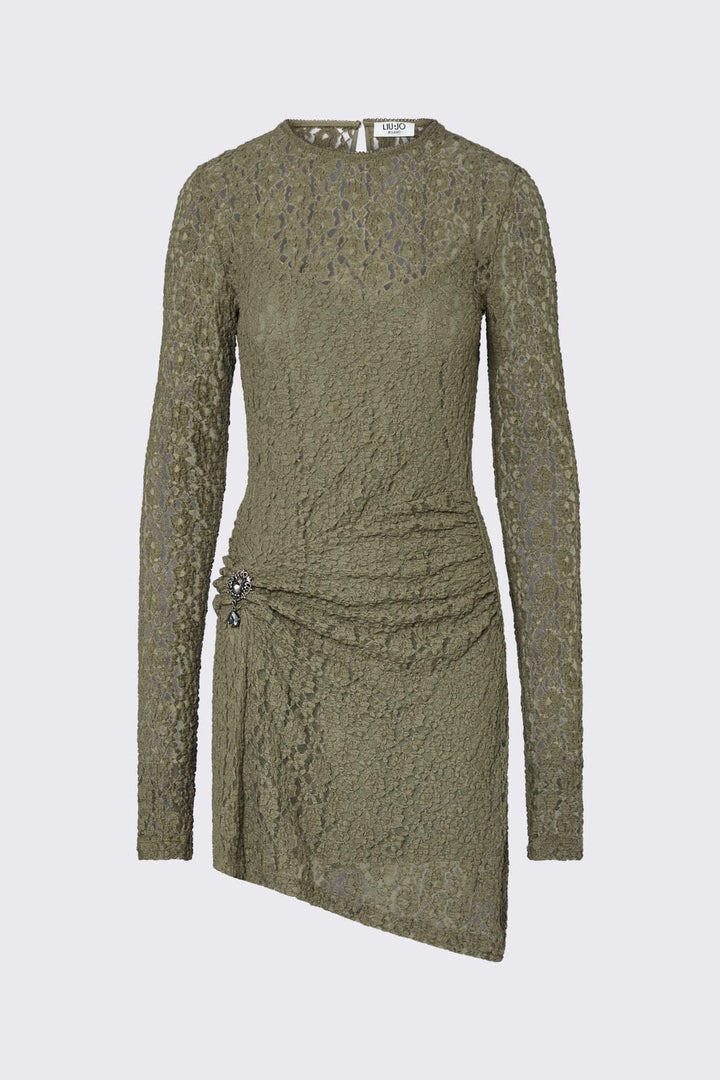 Robe courte en dentelle à détail bijou vue de face pour femme liujo