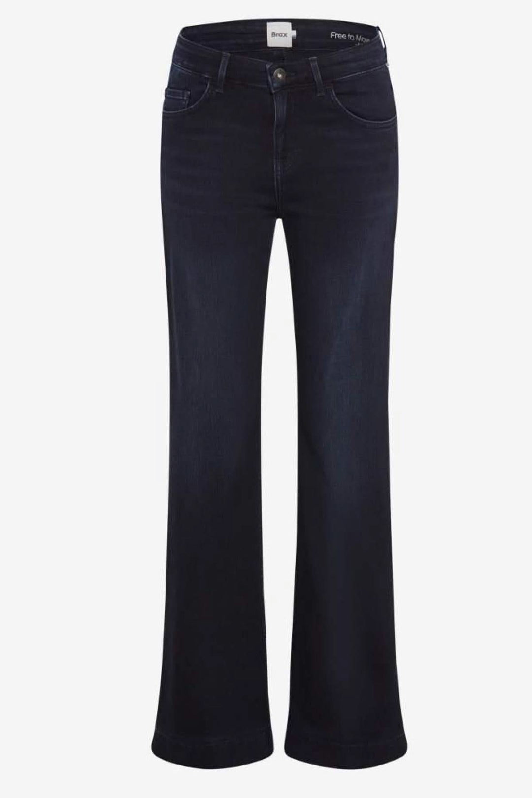 Jeans Shakira coupe évasée en denim bleu foncé avec taille classique et 5 poches. Look élégant et moderne. Décris moi le produit.