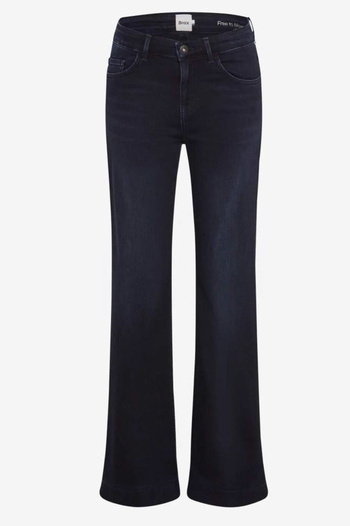 Jeans Shakira coupe évasée en denim bleu foncé avec taille classique et 5 poches. Look élégant et moderne. Décris moi le produit.