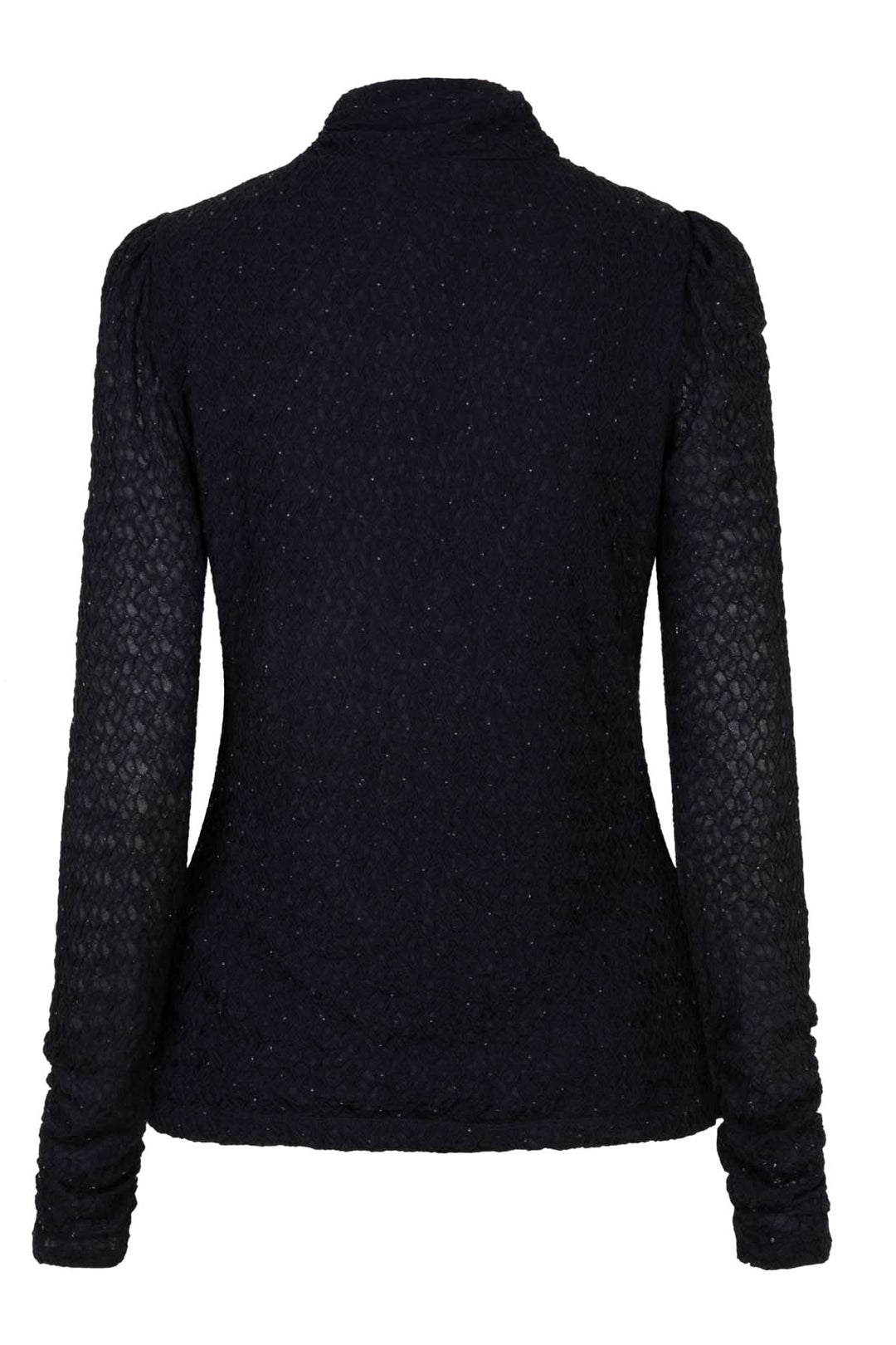 Chandail à col montant noir, semi-transparent avec éclats scintillants, vue arrière, manches longues.
