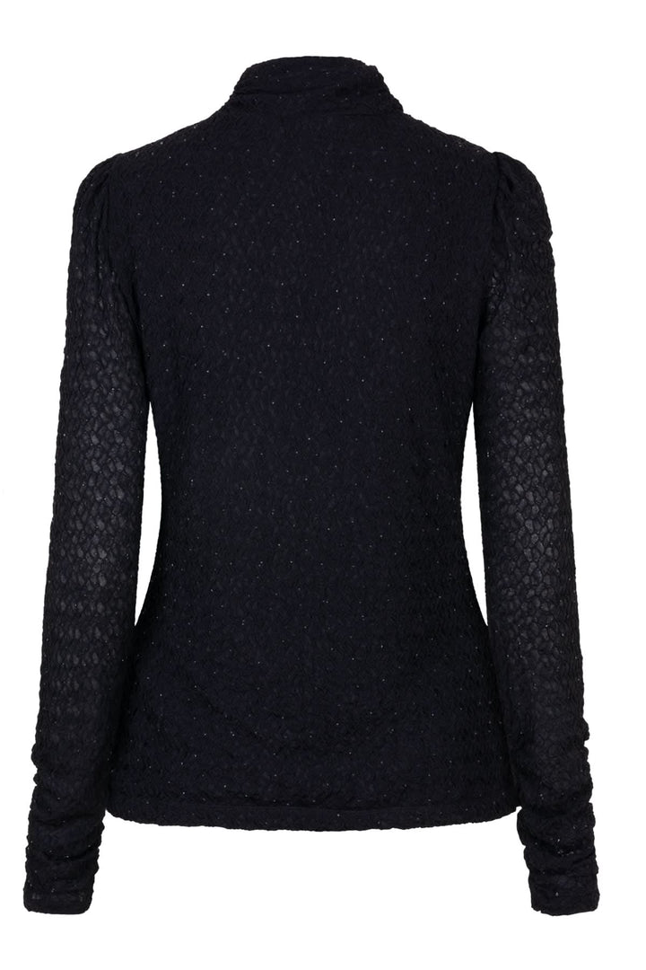 Chandail à col montant noir, semi-transparent avec éclats scintillants, vue arrière, manches longues.