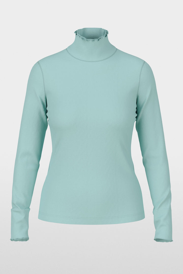 Chandail à col montant et bordures ondulées vert pâle avec coupe ajustée et tissu extensible, idéal pour un look féminin et polyvalent.