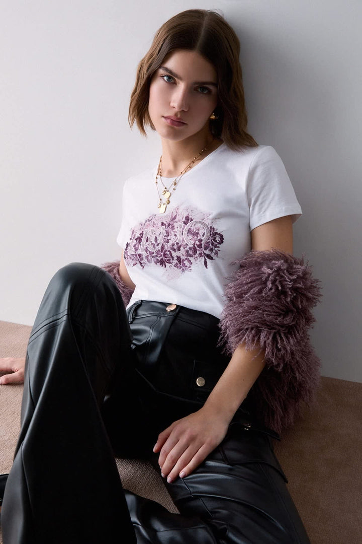 T-shirt with floral print and front view logo for women liujo