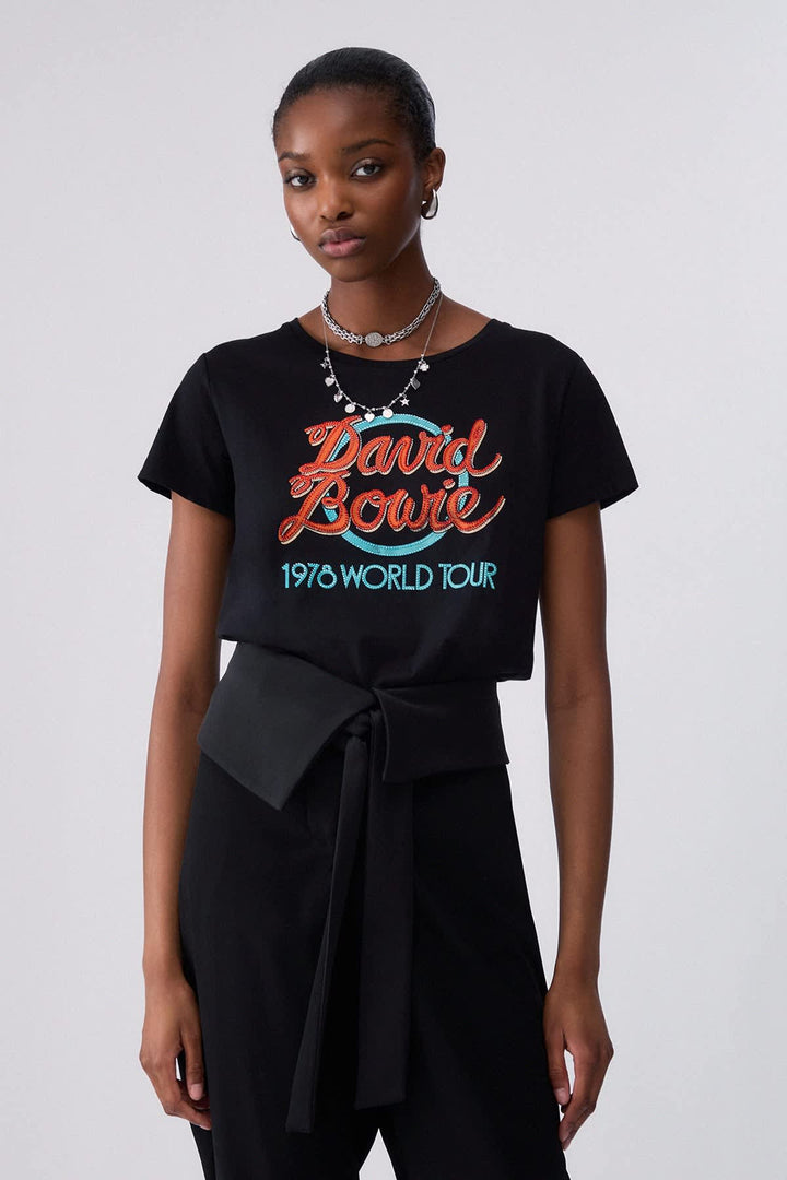 T-shirt noir à imprimé graphique David Bowie vue de face pour femme liujo