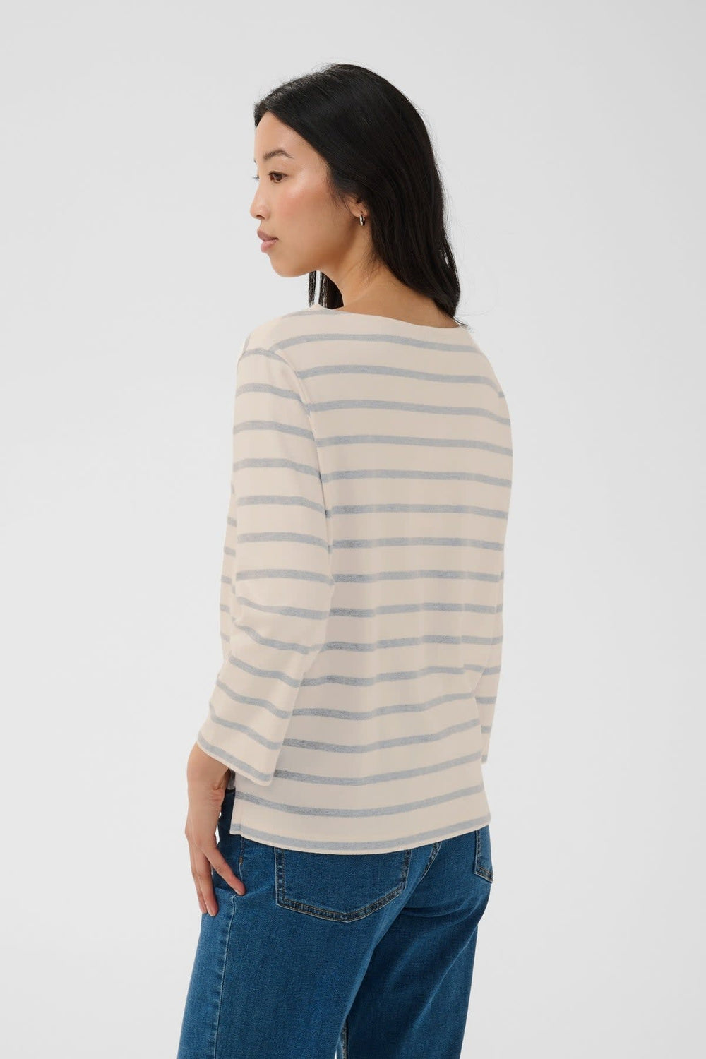 Front view Blue and white striped sailor T-shirt Part Two for women with long sleeves - Valérie Simon