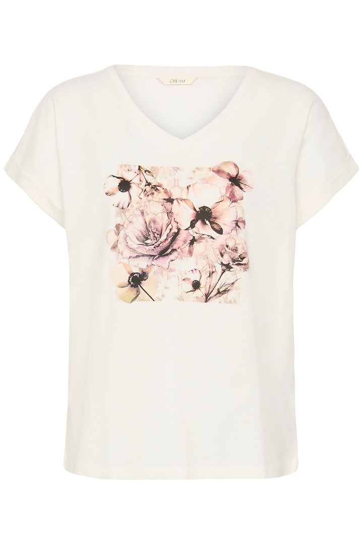 Vue de front T-shirt floral Ying femme multicolore avec détails imprimés Cream - Valérie Simon