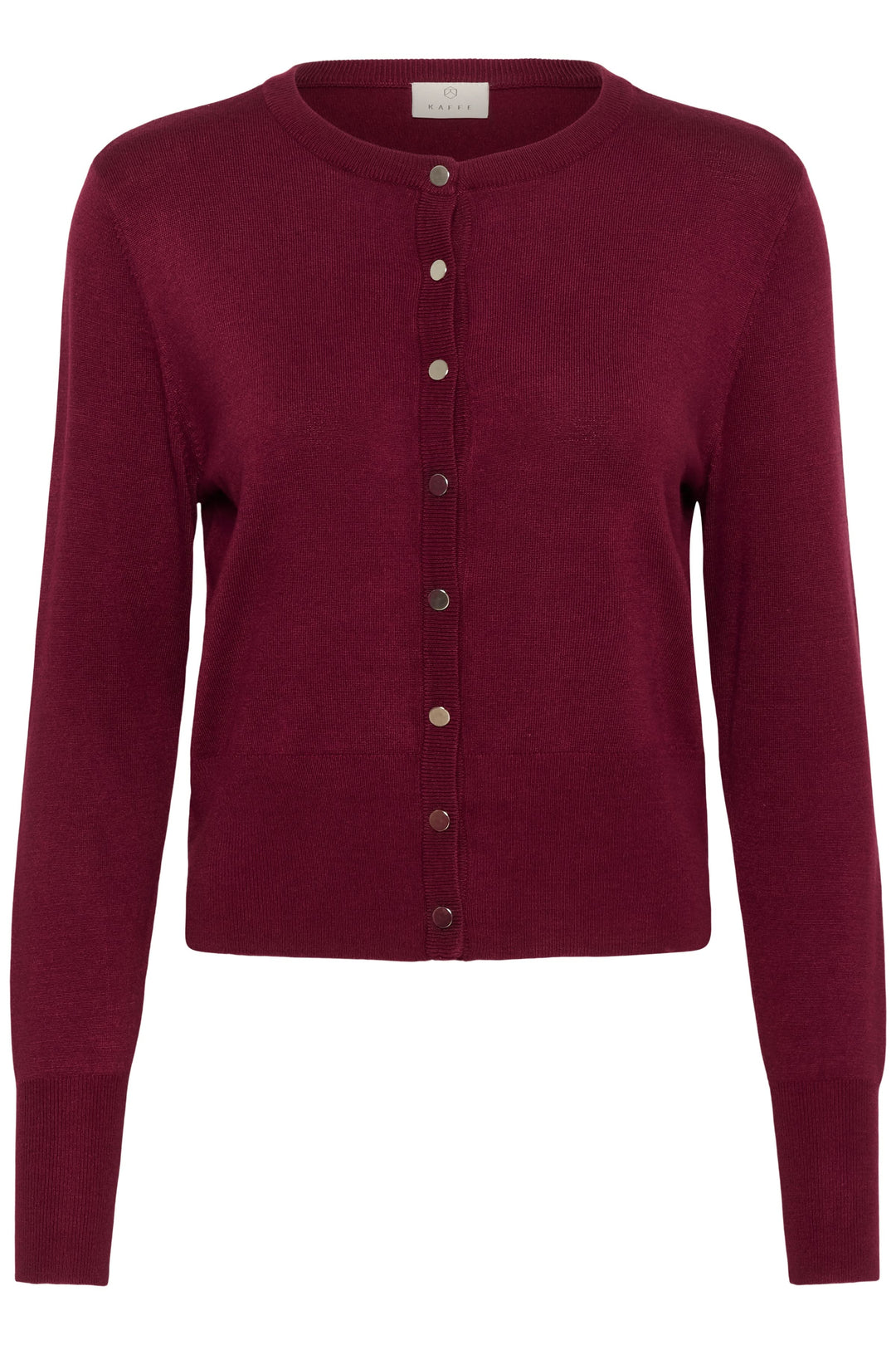 Cardigan Lizza classique à encolure ronde et boutons en maille fine et souple, rouge, avec fermeture à boutons métallisés.