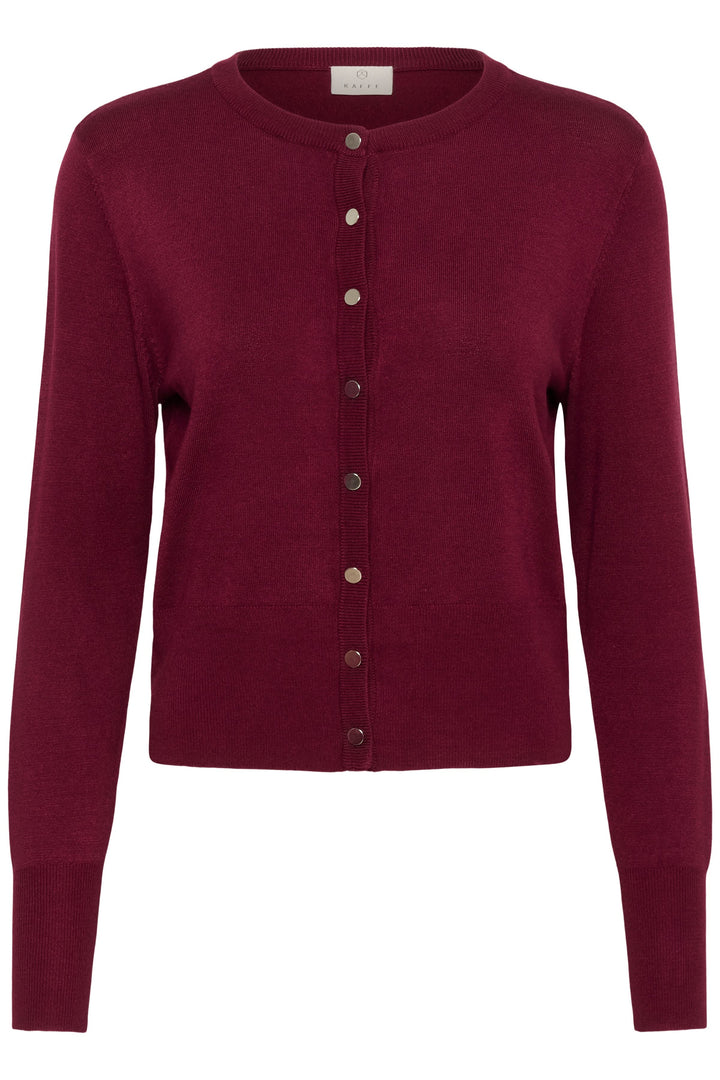 Cardigan Lizza classique à encolure ronde et boutons en maille fine et souple, rouge, avec fermeture à boutons métallisés.