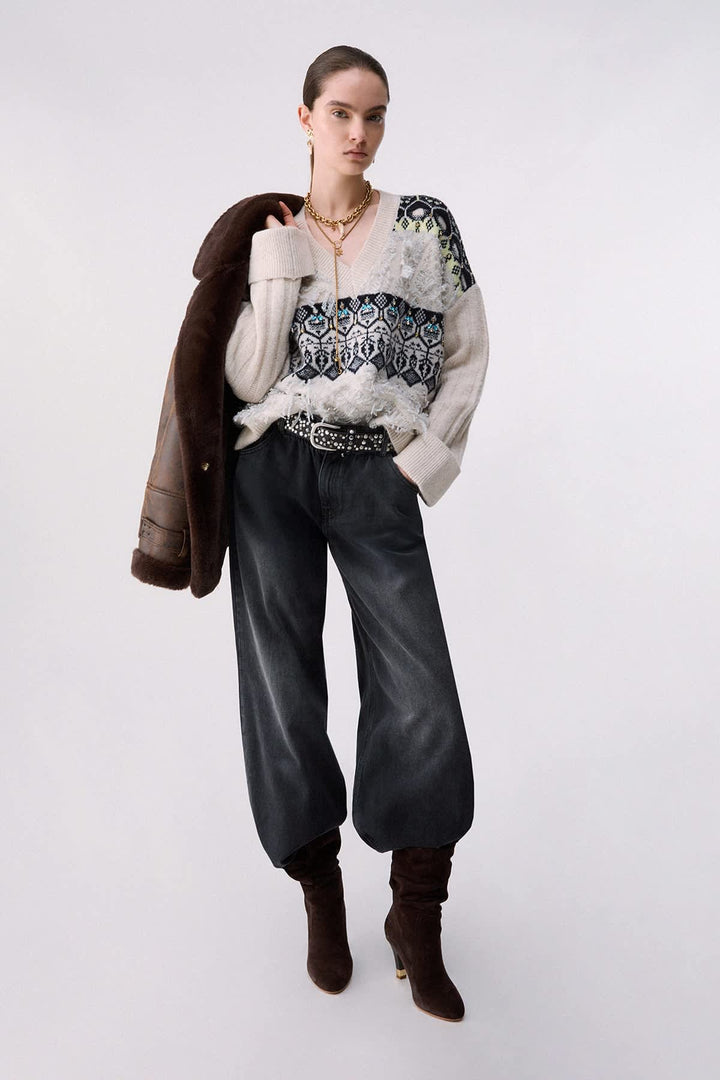 Tricot jacquard à col en V pour femme liujo