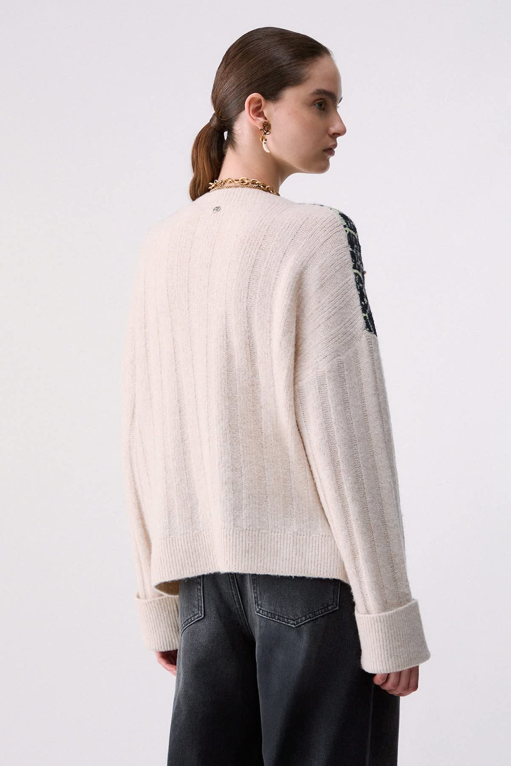 Tricot jacquard à col en V pour femme liujo