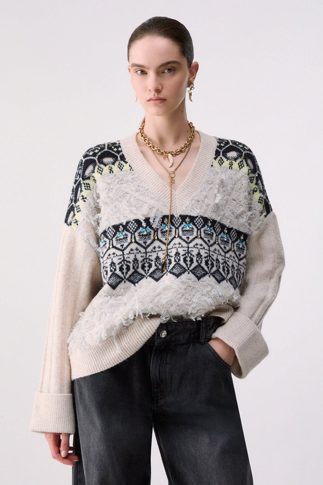 Tricot jacquard à col en V pour femme liujo