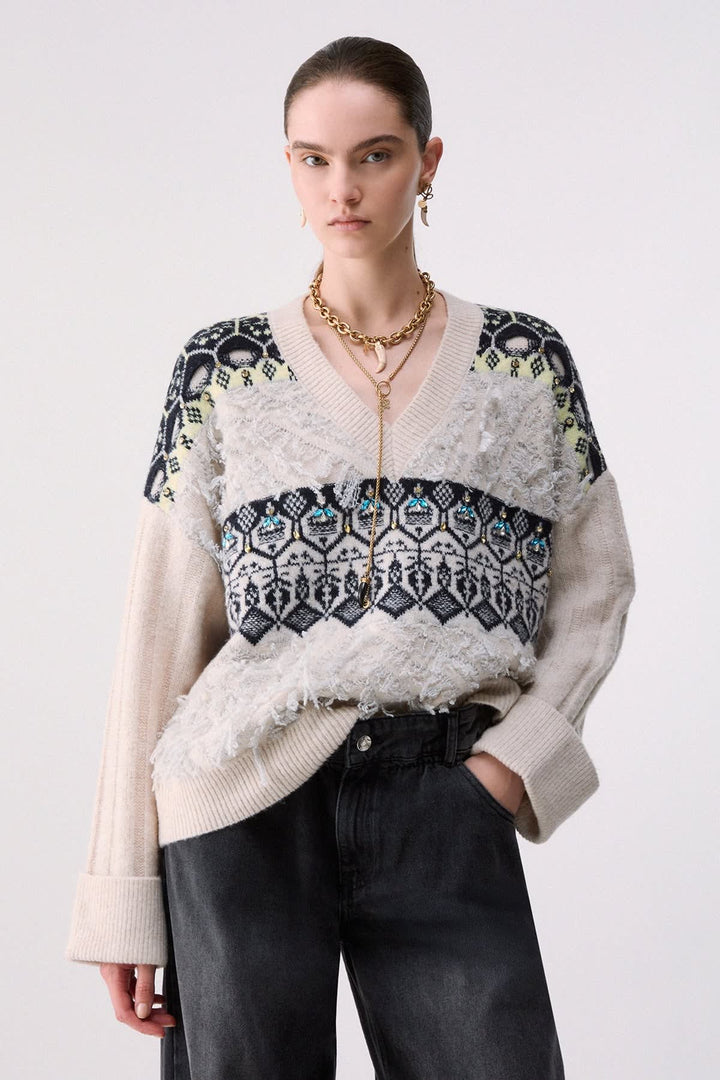 Tricot jacquard à col en V pour femme liujo