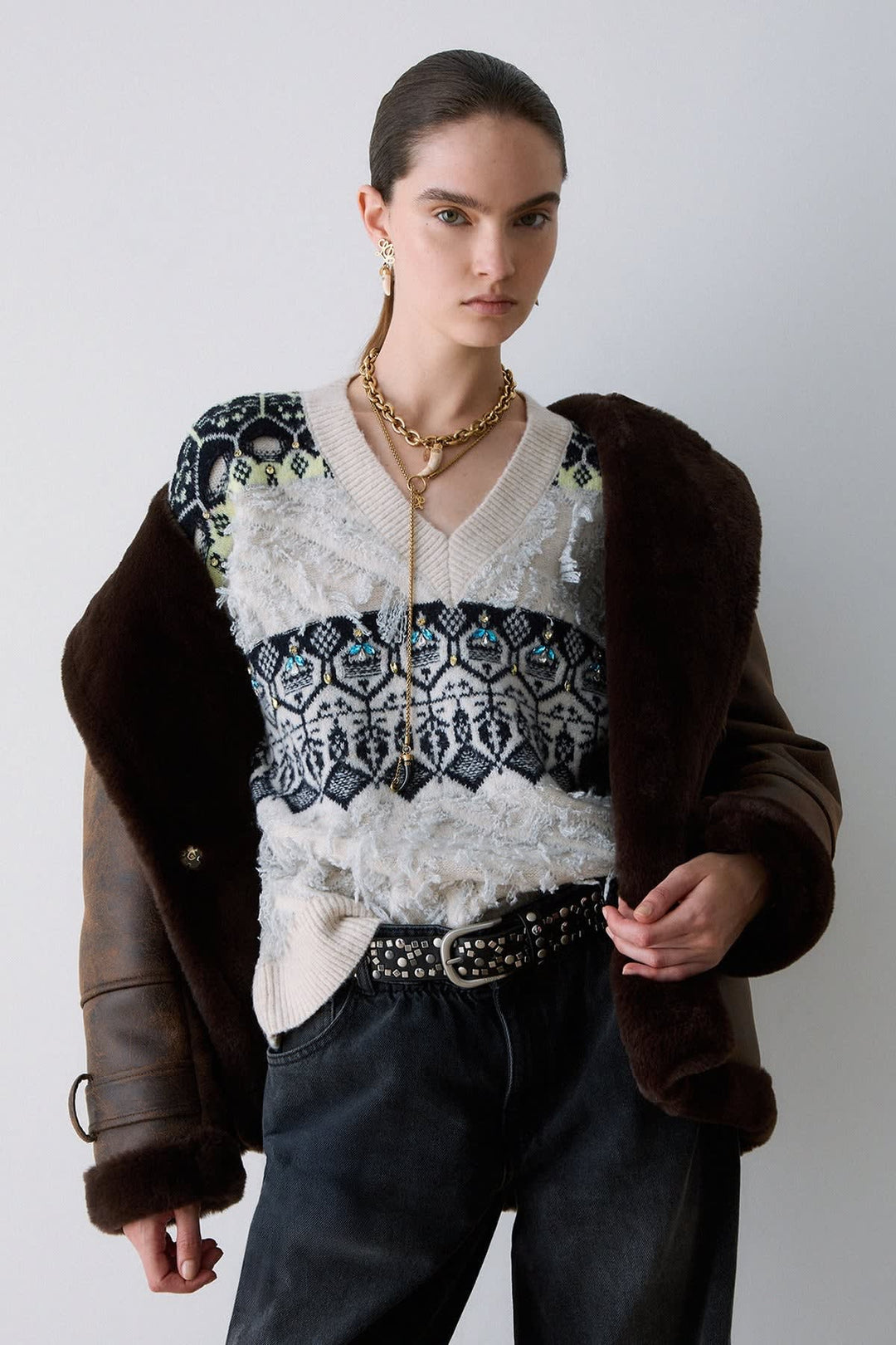 Tricot jacquard à col en V pour femme liujo