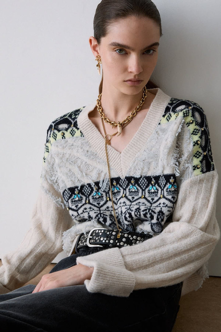 Tricot jacquard à col en V pour femme liujo