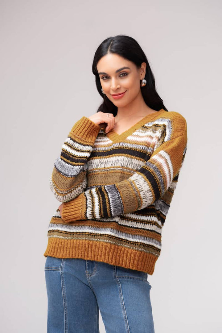 Tricot rayé à col en V pour femme Elena Wang