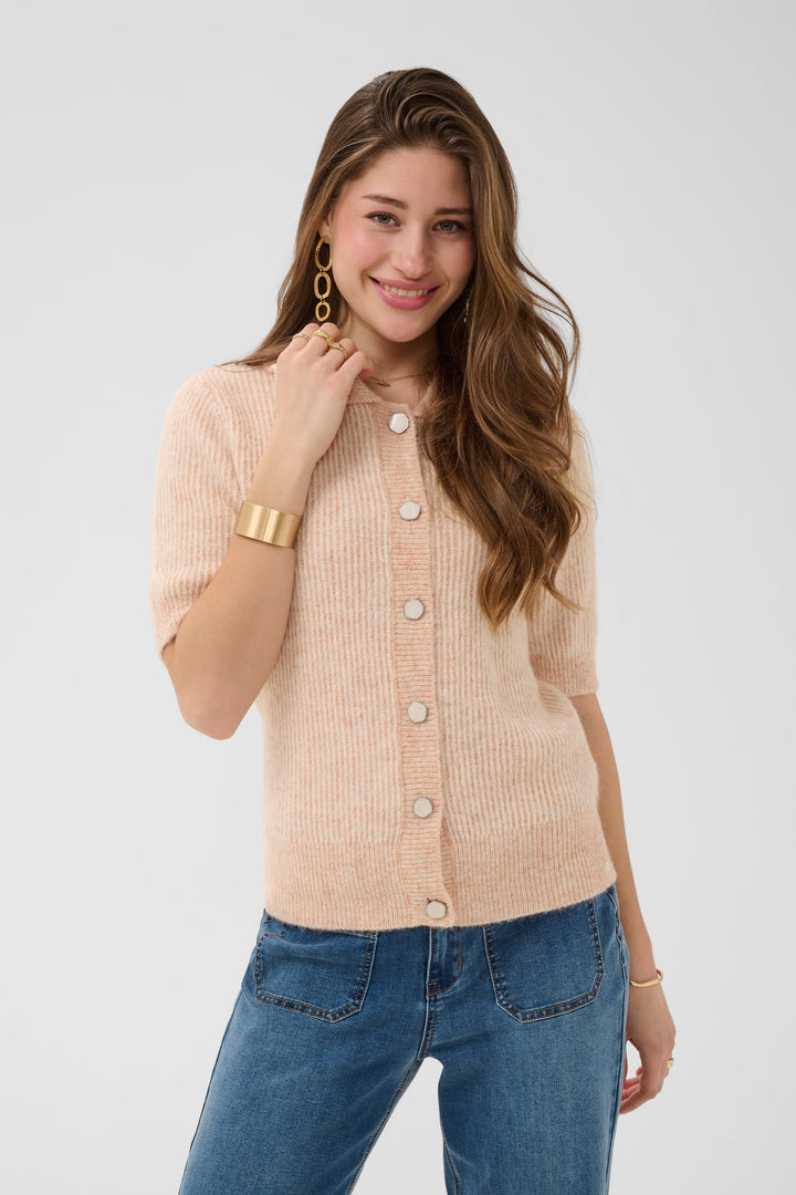 Vue de face tricot boutonné Cream pour femme beige manches courtes - Valérie Simon