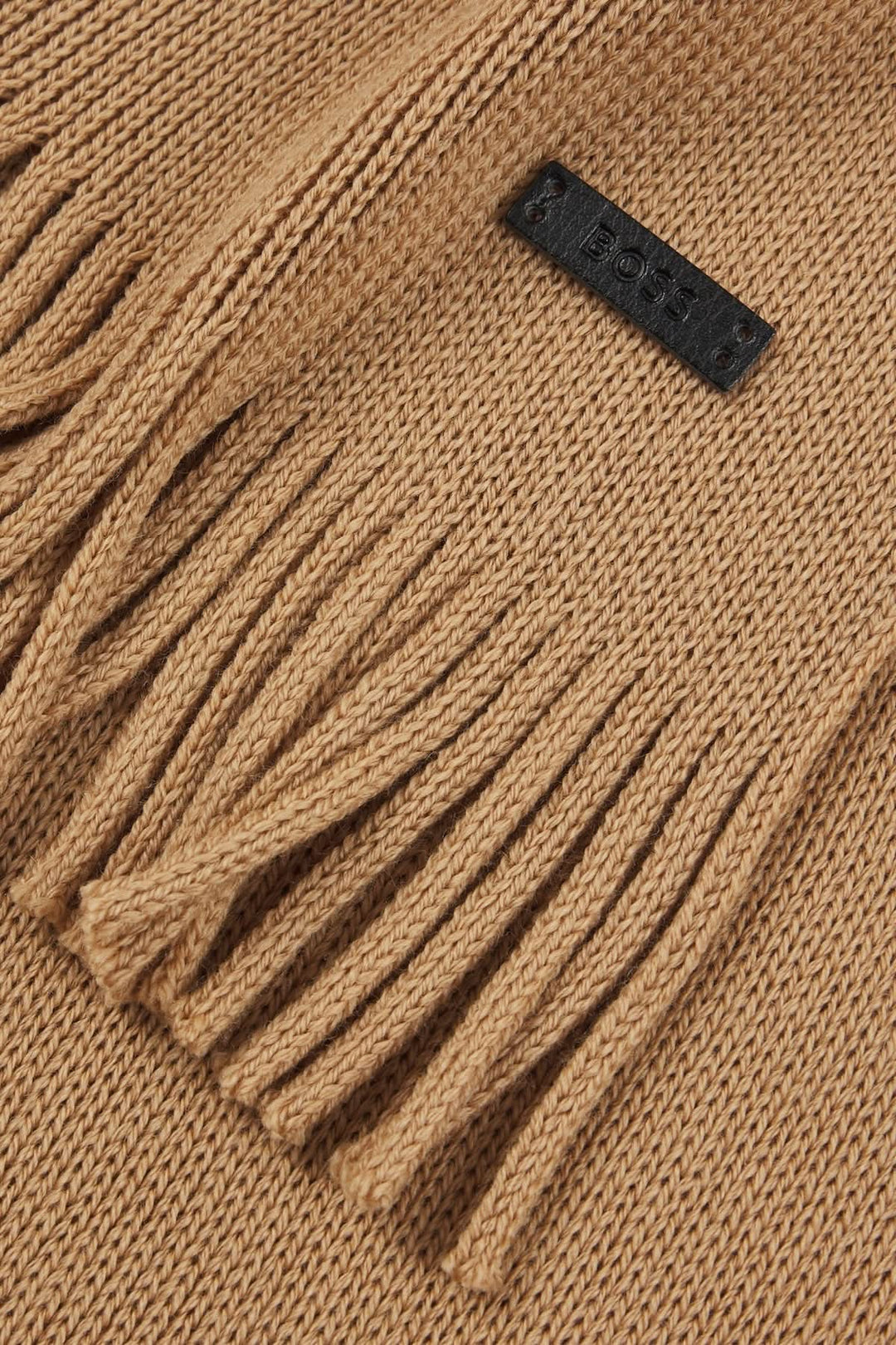 Foulard de laine vierge Boss en maille Raschel avec logo discret, couleur beige.