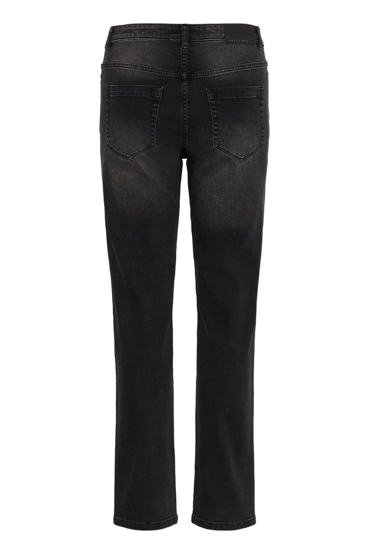 Vue arrière du Jean Maris coupe droite taille classique avec une finition délavée noire, taille classique avec passants de ceinture.