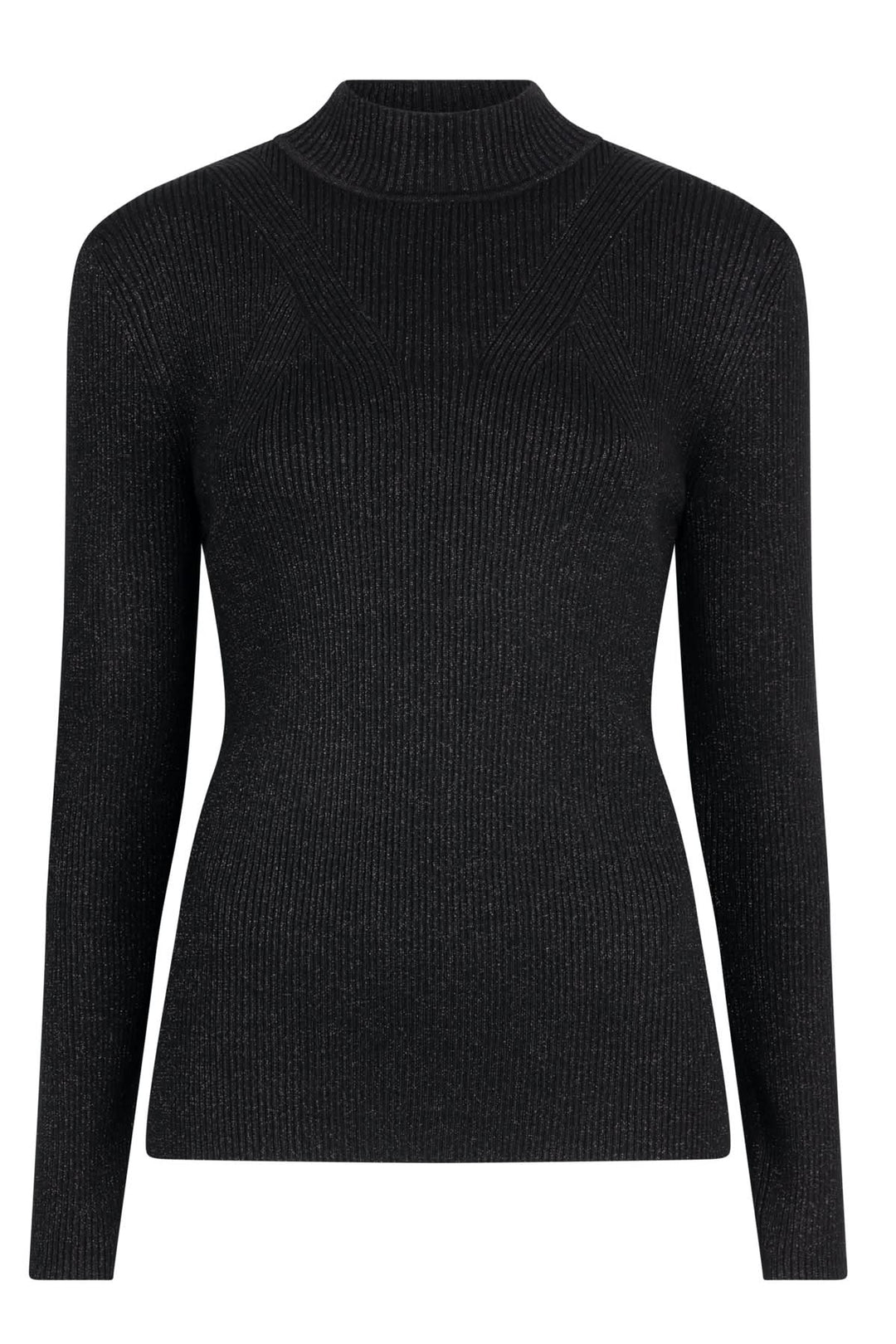 Chandail à col montant en tricot côtelé noir avec effet scintillant, élégant et confortable.