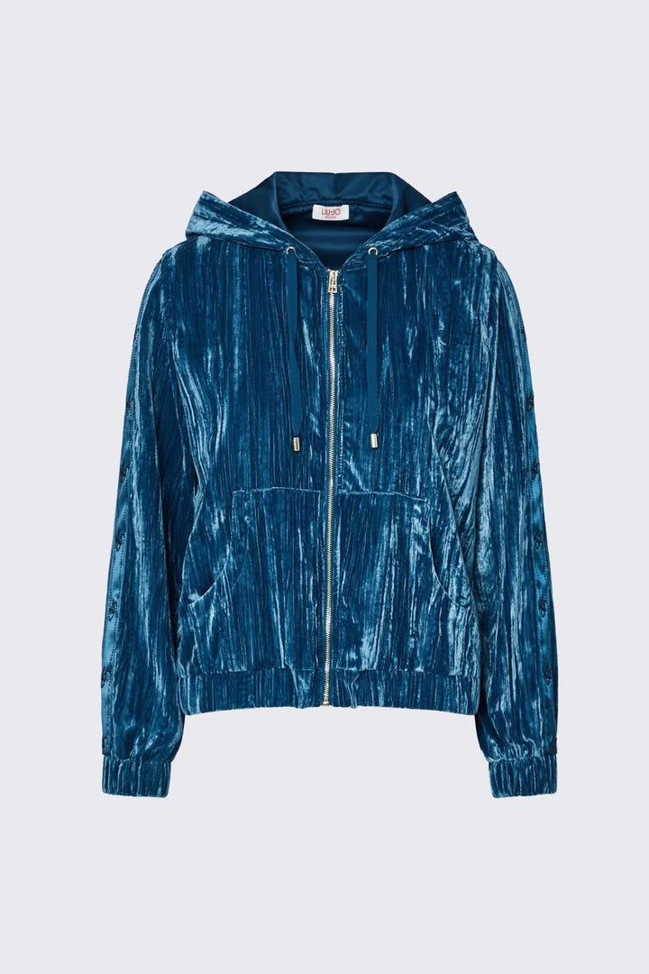 Veste à capuchon en velours texturé vue de face pour femme liujo