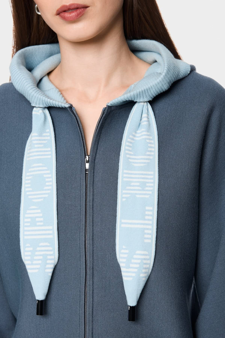 Vue de face veste avec capuchon Marc Cain femme gris motifs géométriques - Valérie Simon