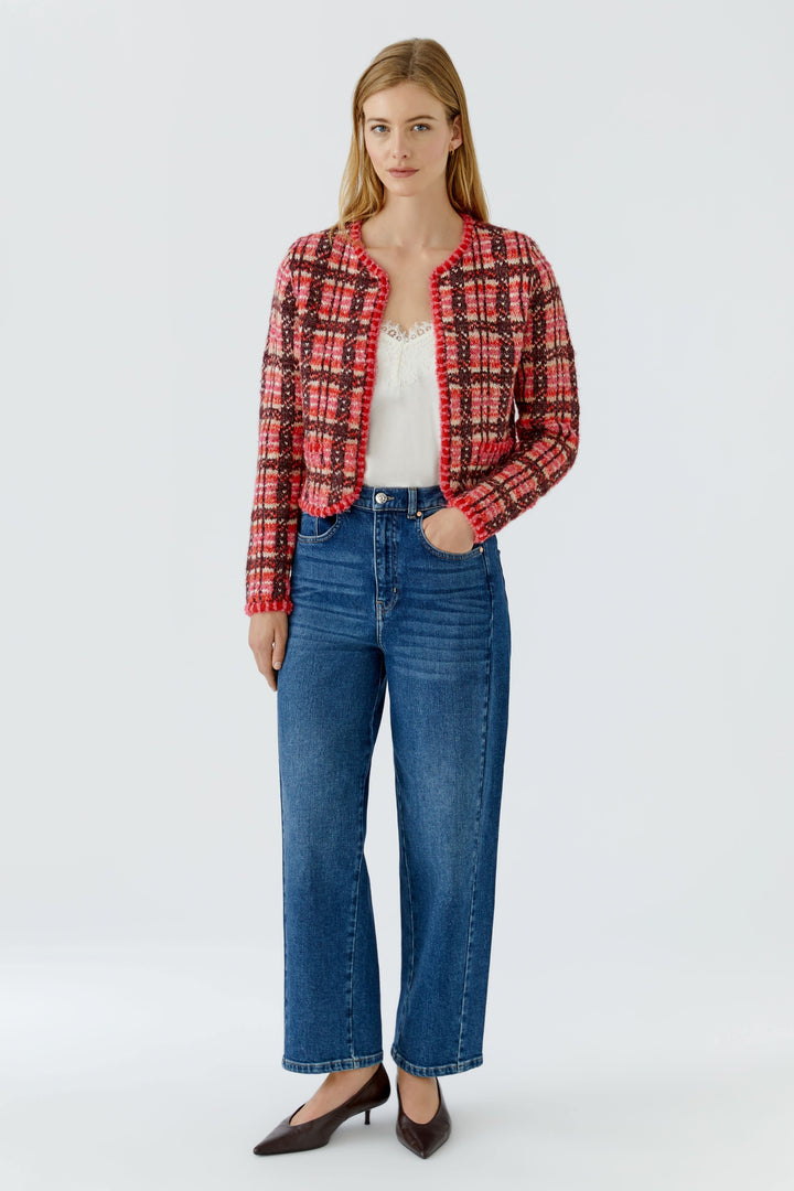 Veste courte en tricot à carreaux vue de face pour femme Oui