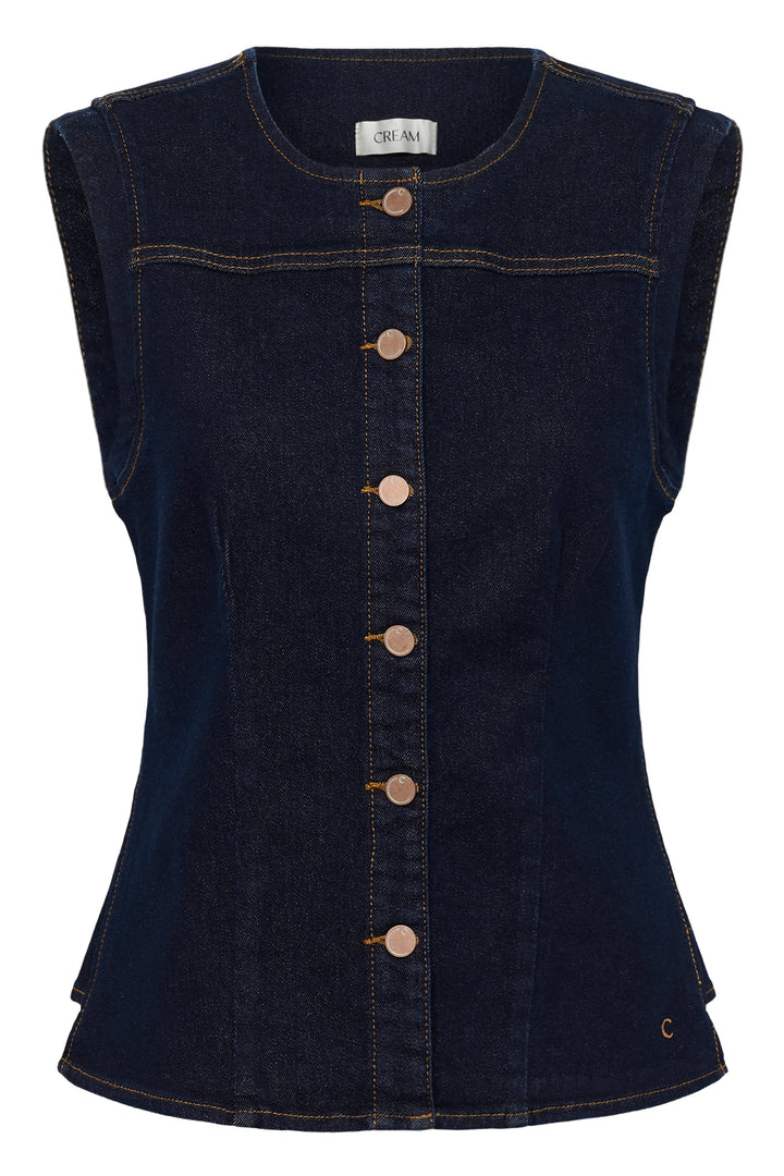 Vue de face veste denim sans manches Cream pour femme bleu détails usés - Valérie Simon