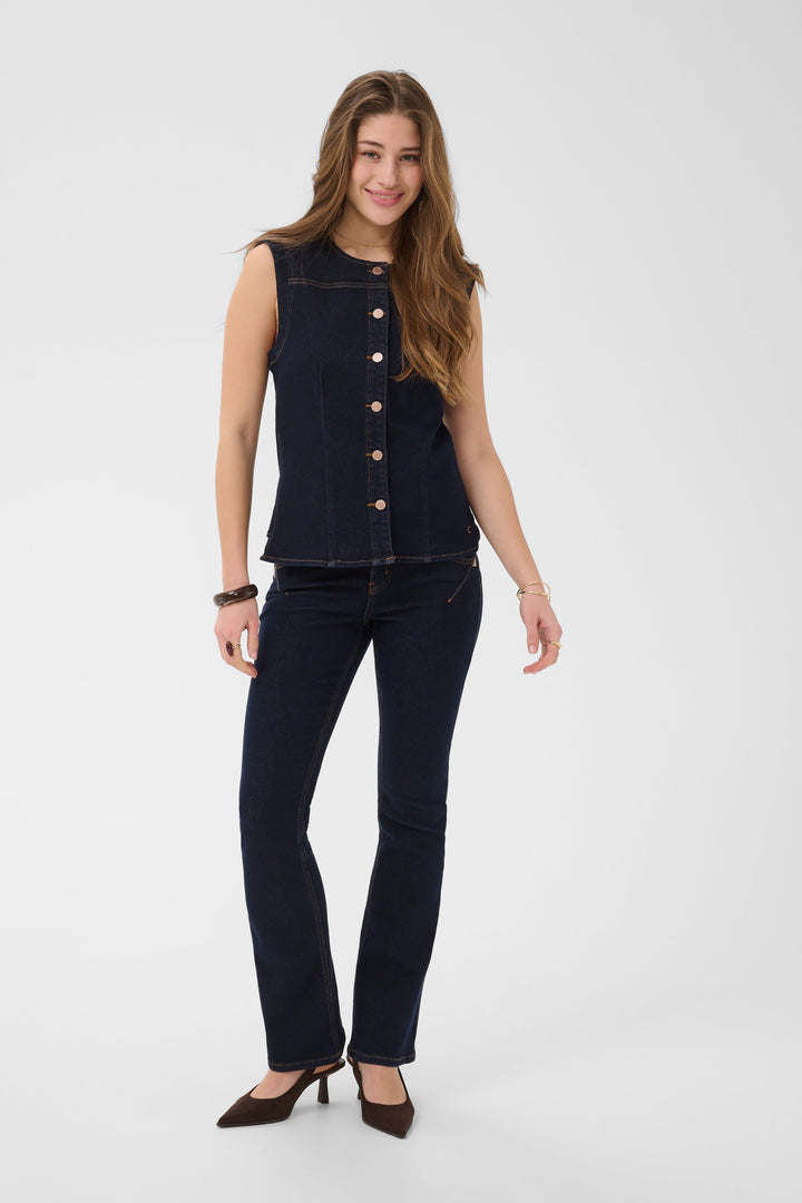 Vue de côté veste sans manche en denim bleu Cream pour femme avec boutons métalliques - Valérie Simon