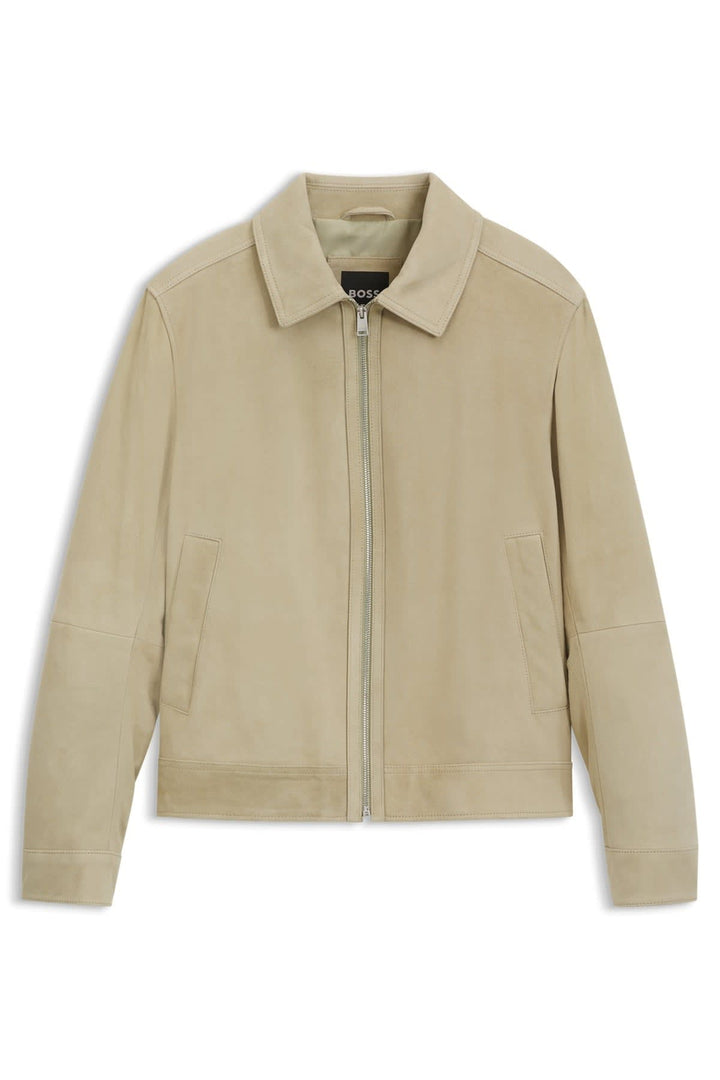 Veste en cuir noire à fermeture éclair vue de face pour homme Hugo Boss