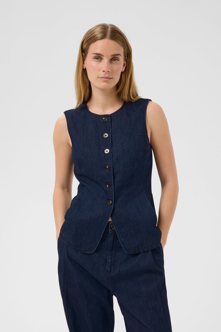 Blue sleeveless denim jacket front view for women Part Two