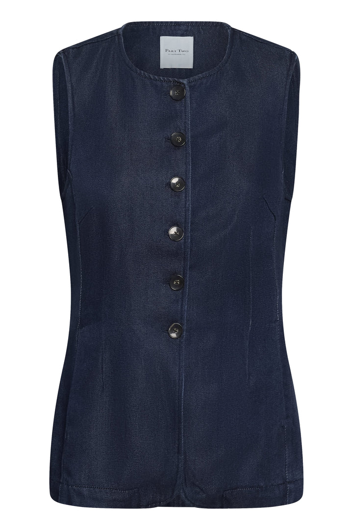Blue sleeveless denim jacket front view for women Part Two