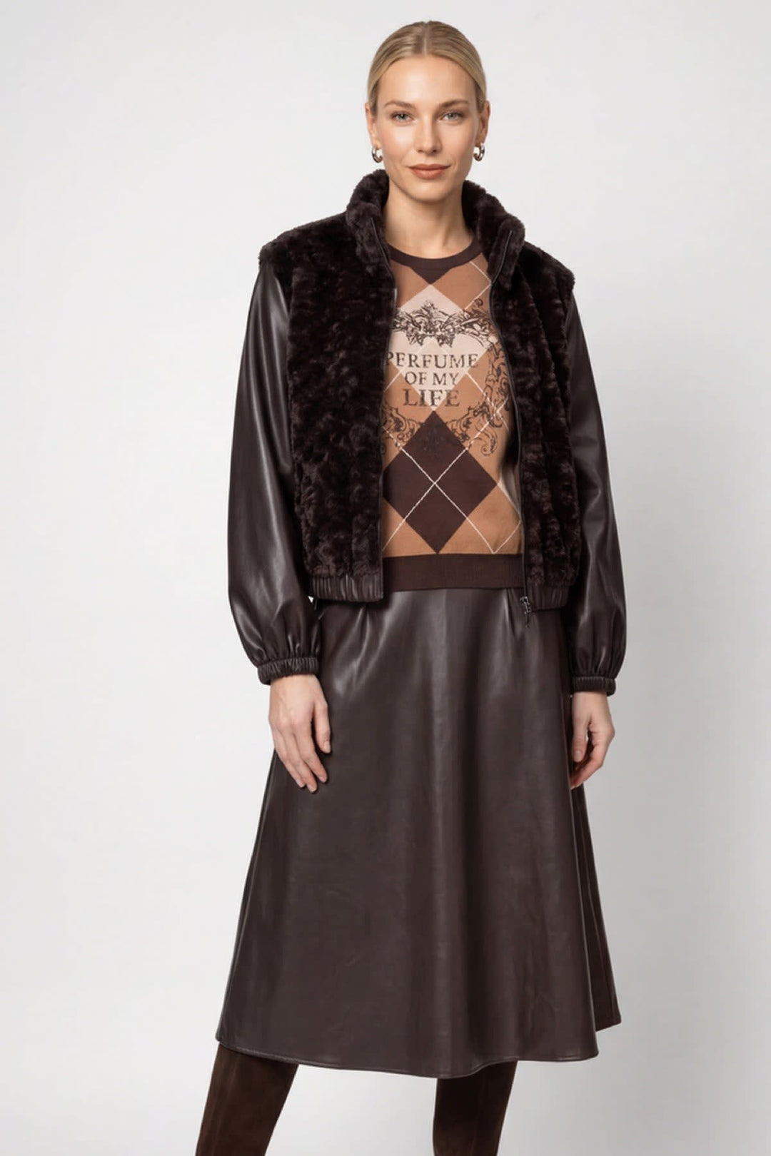 Veste en fausse fourrure à manches effet cuir pour femme Monari