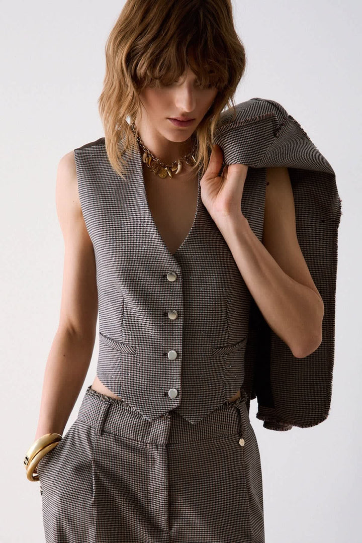Veste sans manches à carreaux et boutons métalliques pour femme liujo
