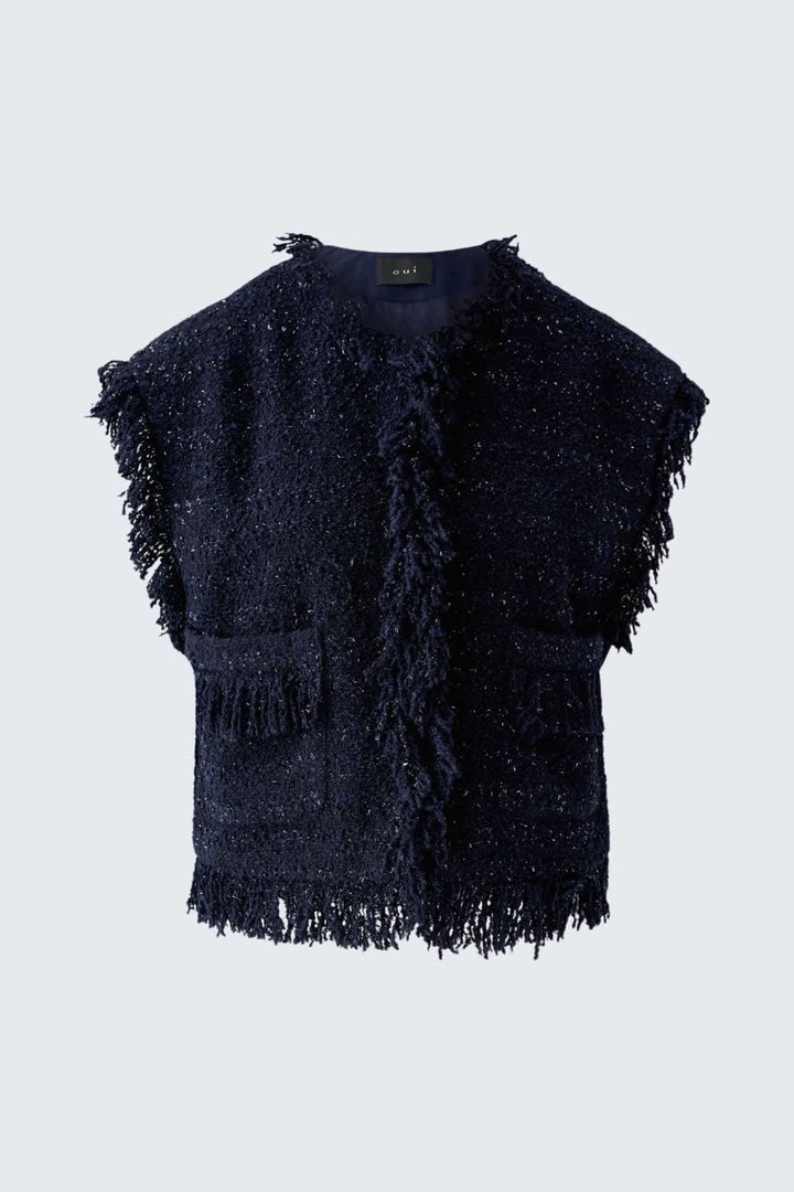 Veste sans manches bouclée à franges vue de face pour femme Oui